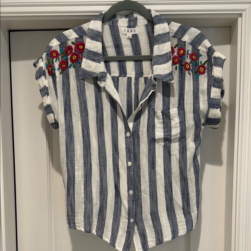 THML Blue and White Button Down Shirt with Floral Embroidery